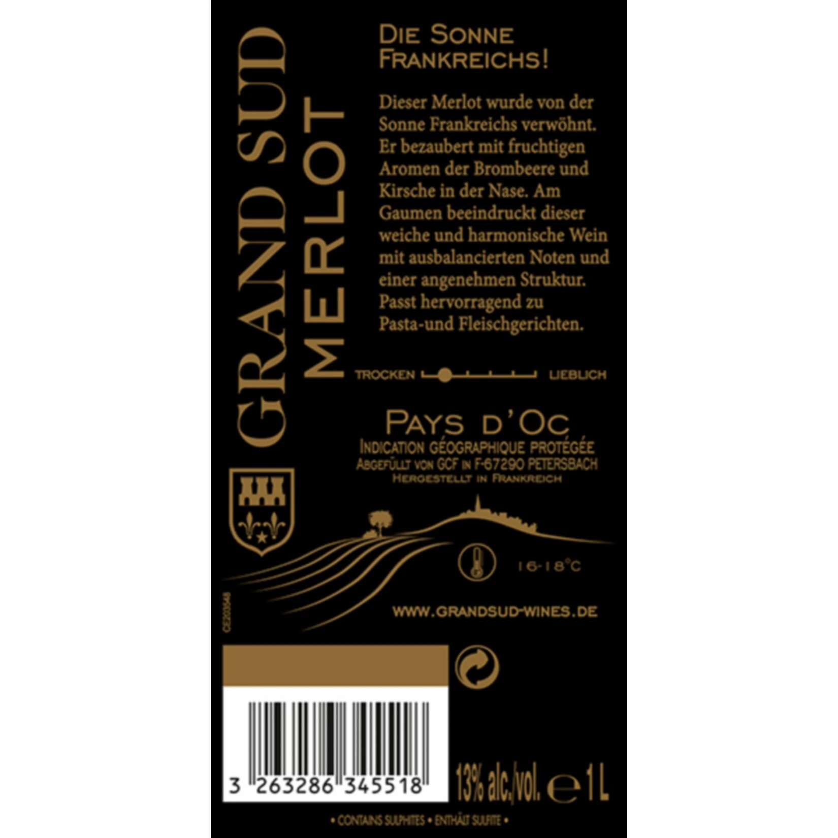 Grand Sud Merlot Pays D'Oc IGP 13,0 % Vol 1 Liter 4 Grand Sud Merlot Pays D'Oc IGP 13,0 % Vol 1 Liter – Bild 2